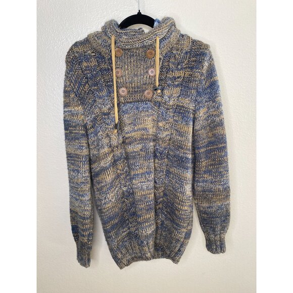 Leif Nelson Mens Knitted Hooded Sweater Blue XL Buttoned Collar Warm Pullover - Picture 2 of 7